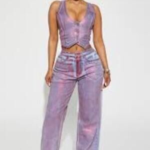 NWT Fashion Nova Size 5/M Metallic Vest Jean Set - Red